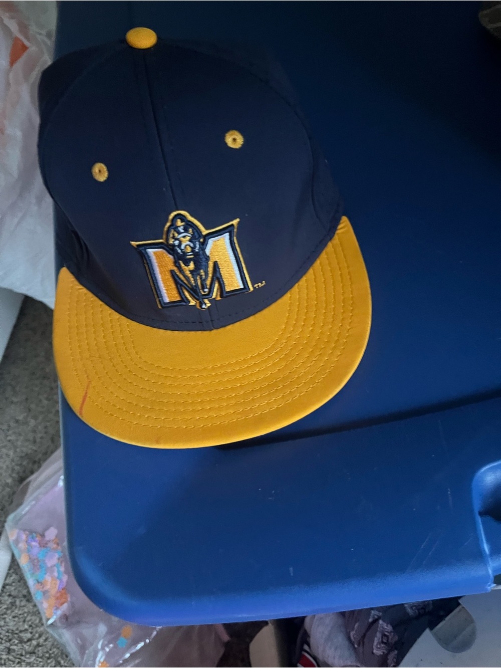 Navy and Gold M Snapback Hat with Mascot Logo